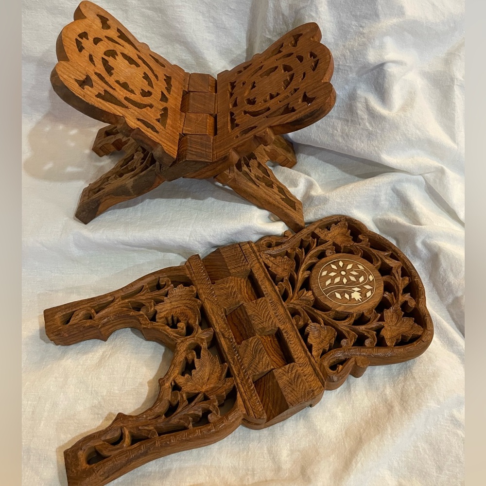 Set of a two Hand Carved Wood Book Holders Display Stands